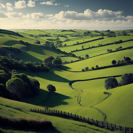 Idyllic rural landscape with green fields and meadows under blue sky. generative aiの素材