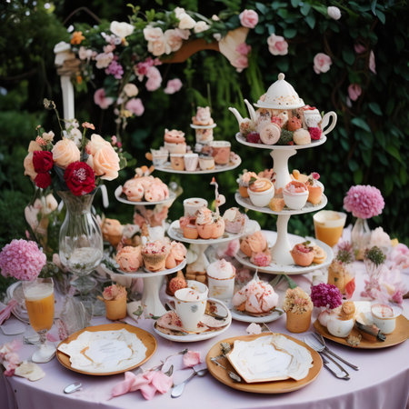 Catering wedding buffet with cupcakes, macaroons and other sweets. generative aiの素材