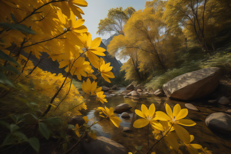 Beautiful yellow flowers in the forest with blurred background, generative aiの素材