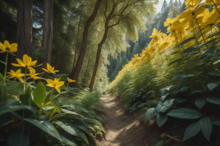 Yellow flowers in the forest. Beautiful nature landscape with yellow flowers. generative aiの素材