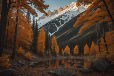 Mountain landscape with lake and forest at sunset. generative aiの素材
