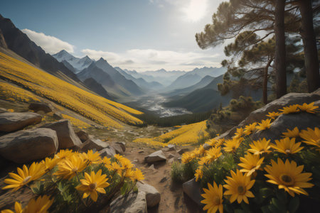 Beautiful yellow flowers blooming in the mountains. generative aiの素材