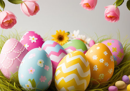 Easter bunny with colorful eggs in nest. ai generativeの素材