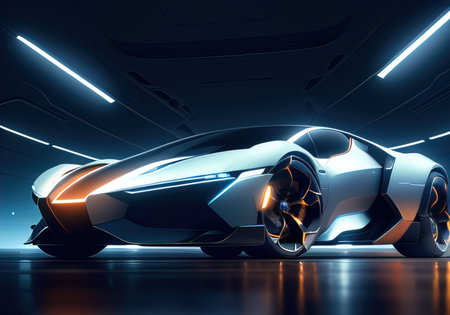 Futuristic black sports car in neon light. ai generativeの素材