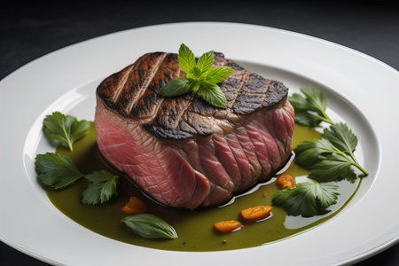 Raw beef sirloin steak with ingredients for cooking on wooden background. ai generativeの素材