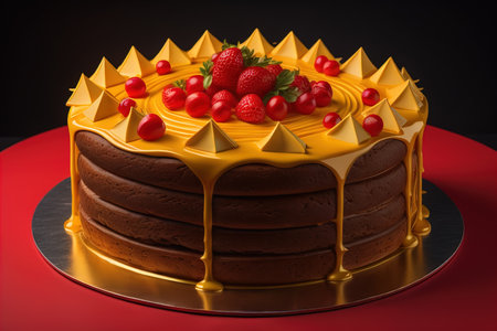 Chocolate cake with cream on a solid color background. Toned. ai generativeの素材