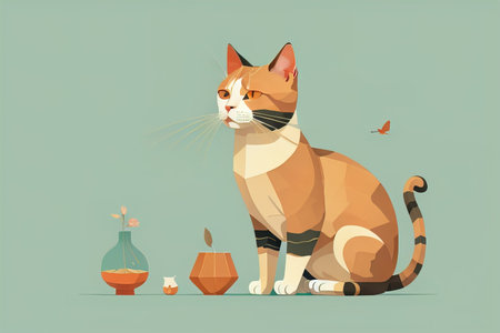 Cute cat sitting on the floor. Vector illustration in retro style. ai generativeの素材