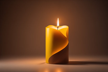Burning aroma candle on wooden table against solid color background, copyspace. ai generativeの素材