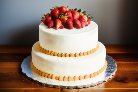 Wedding cake with strawberries on a wooden table in a restaurant. generative aiの素材