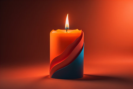 Burning aroma candle on wooden table against solid color background, copyspace. ai generativeの素材