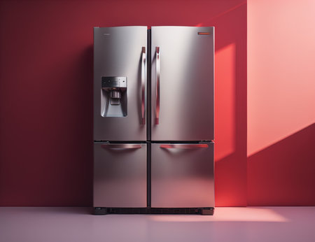 Modern fridge in red interior with copy space. generative aiの素材