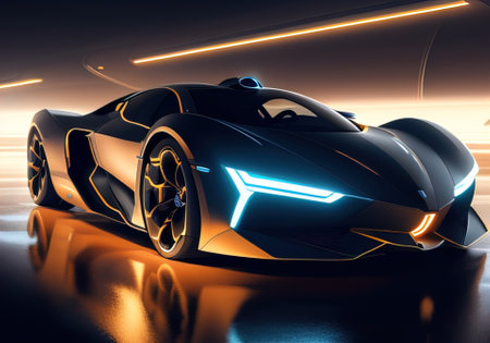Futuristic black sports car in neon light. ai generativeの素材