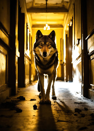 Alaskan Malamute dog in a hallway at night.の素材