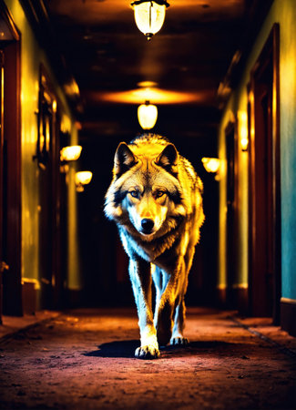 Portrait of a wolf in a dark corridor at night. Toned.の素材