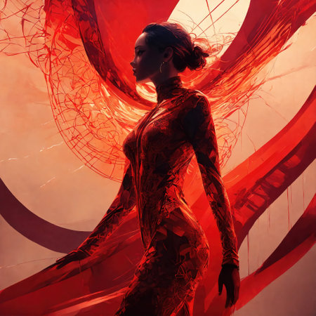 Portrait of beautiful woman with red flowers in her hair. 3d renderingの素材
