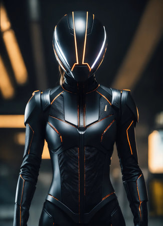 Rear view of female robot in black suit with glowing neon lightsの素材