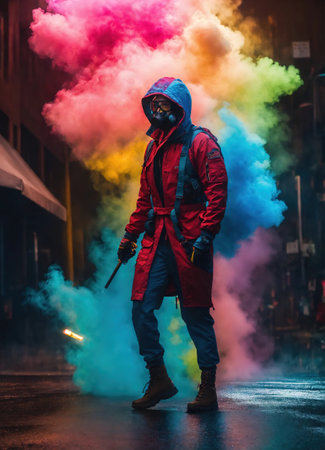 Portrait of a man dressed in a red jacket with a gas mask on his face, holding a multicolored smoke bombの素材