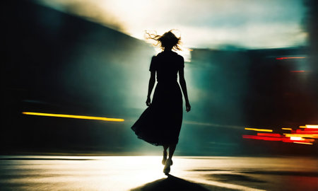 Silhouette of a woman in a long black dress walking in the field at nightの素材