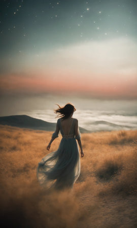 Beautiful young woman in a long dress walking on the hill at sunsetの素材