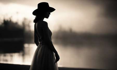 Silhouette of a beautiful woman in a hat on the background of the river.の素材