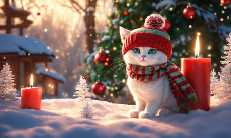 Cute cat in warm hat and scarf with burning candle on snow outdoorsの素材
