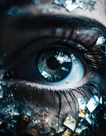 Close-up of beautiful female eye with broken glass effect. Fantasy image.の素材