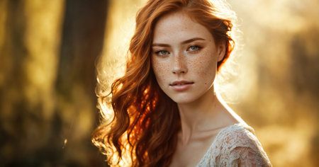 Portrait of a beautiful redhead girl with freckles on her face.の素材