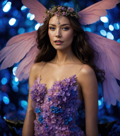 Beautiful fairy girl with lilac flowers in her hair. Fairy tale.の素材