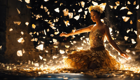 Beautiful asian woman in a wreath of flowers dancing in the darkの素材