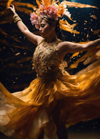 Beautiful young woman in a wreath of flowers dancing flamencoの素材