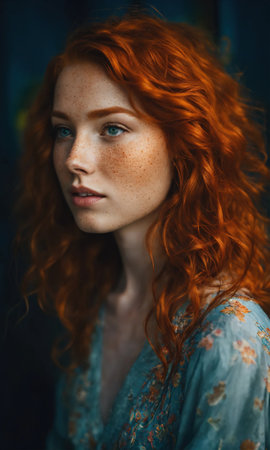 Portrait of a beautiful red-haired girl with frecklesの素材