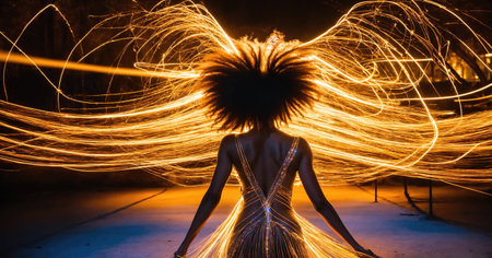 Beautiful girl dancer dancing in the night city. Long exposure photo.の素材