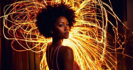 Beautiful african american woman with afro hairstyle and outlined in lightの素材
