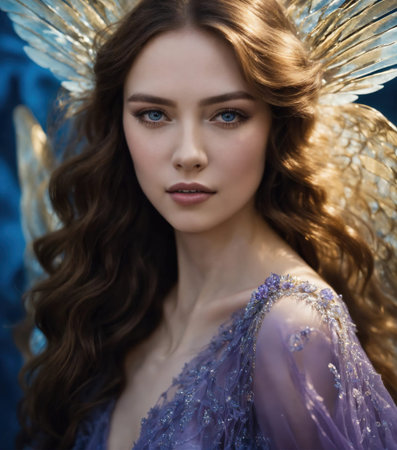 Beautiful young woman with angel wings. Portrait of a beautiful girl with dark hair and blue eyes.の素材