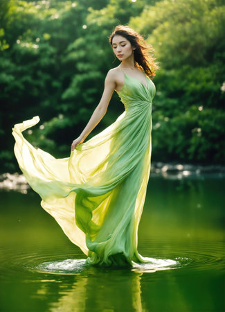 Beautiful young woman in a long dress in the water.の素材