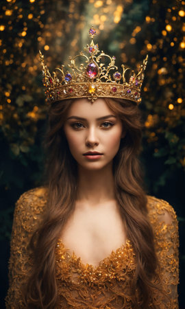 Portrait of a beautiful young woman in a golden dress and crown.の素材
