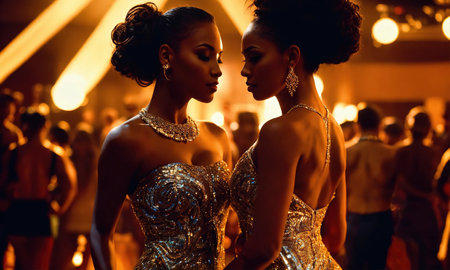 Two beautiful african american women in shiny evening dresses dancing at night clubの素材