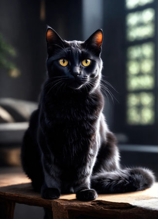 Black cat with yellow eyes sitting on a wooden chair in a dark roomの素材