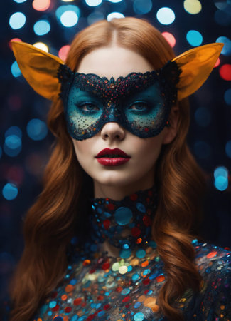 beautiful redhead girl in carnival mask on bokeh backgroundの素材