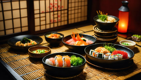 Sushi set on black plate with chopsticks in japanese restaurantの素材