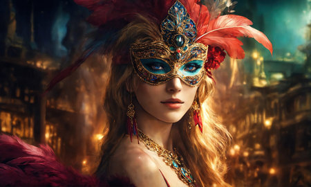 Beautiful young woman in a Venetian mask at the masquerade. ai generative.の素材