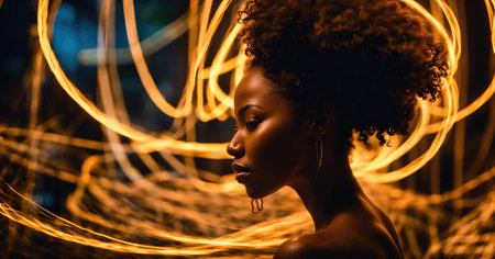 Beautiful african american woman with afro hairstyle and outlined in light. ai generative.の素材