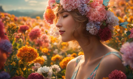 Portrait of beautiful woman with flower wreath on her head. ai generative.の素材