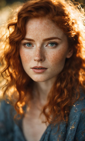 Portrait of a beautiful redhead girl with freckles on her face. ai generative.の素材