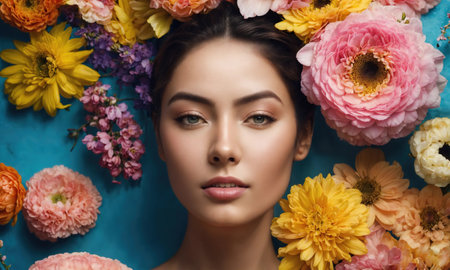 Portrait of beautiful woman with flower wreath on her head. ai generative.の素材