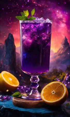 Purple cocktail with ice on a wooden table. Selective focus. ai generativeの素材