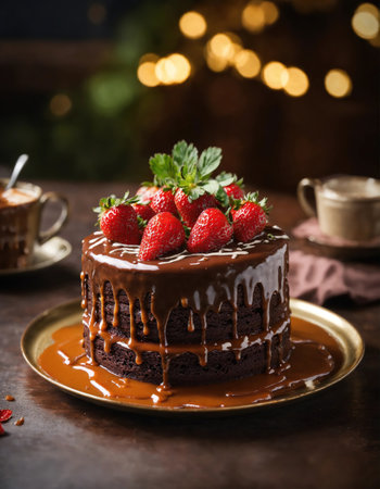 Chocolate cake with whipped cream and fresh fruits on a dark background. ai generative.の素材