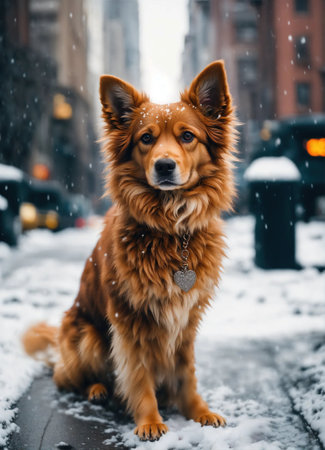 Cute Nova Scotia Duck Tolling Retriever dog sitting on a snowy street. ai generative.の素材