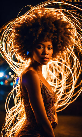 Beautiful african american woman with afro hairstyle and outlined in light. ai generative.の素材