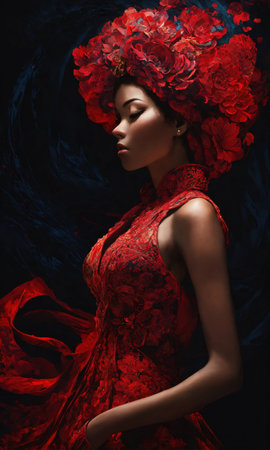 Fashion art portrait of a beautiful woman in a red dress. ai generative.の素材